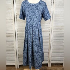 NAQUI Women's 100% Cotton Blue Leaf Print Short Sleeve Pleated Maxi Dress-Large